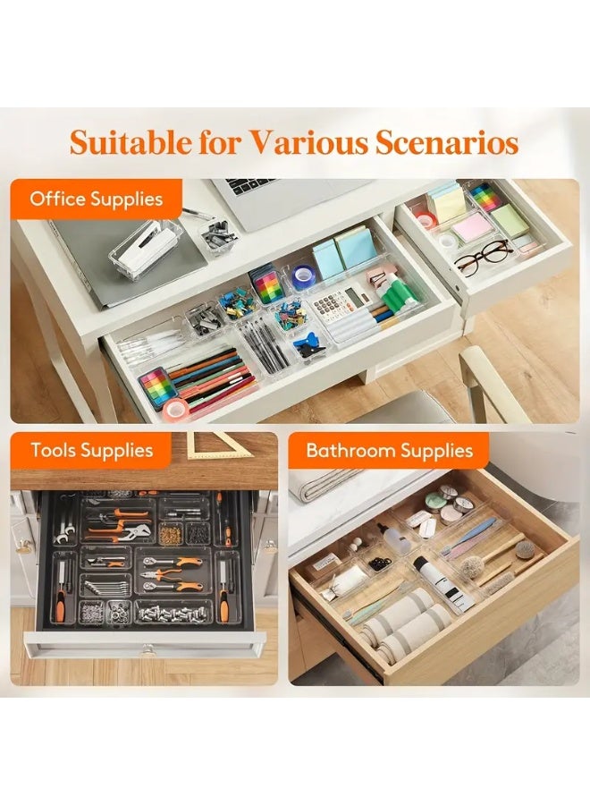 KITCHENOO Set of 25 Furniture Drawer Organizers, 4 Sizes Workbench Organizer, Clear Plastic Storage Bins for Makeup, Bedroom, Kitchen Tools and Office Supplies  - Image 5