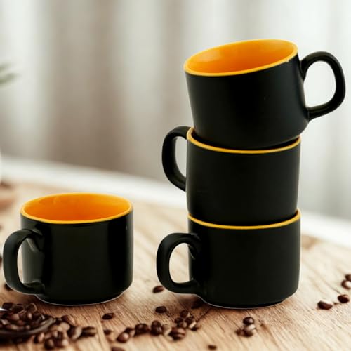 Freakway Hand-Painted Classy & Unique Studio Pottery Tea/Coffee Cups in Ceramic (Set of 6, Microwave Safe) Color-Black & Yellow - Image 4