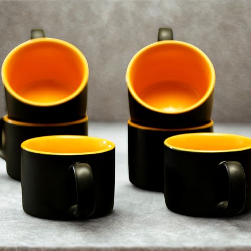 Freakway Hand-Painted Classy & Unique Studio Pottery Tea/Coffee Cups in Ceramic (Set of 6, Microwave Safe) Color-Black & Yellow - Image 2