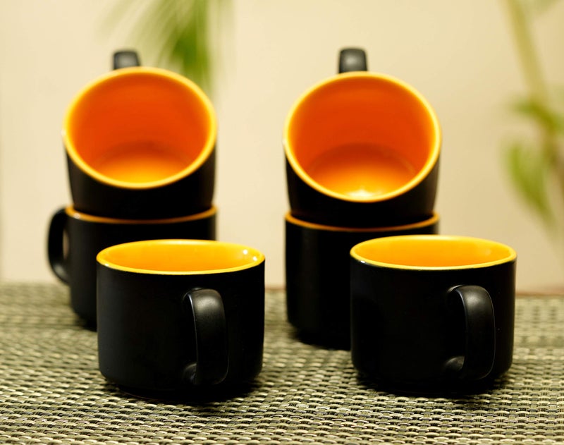 Freakway Hand-Painted Classy & Unique Studio Pottery Tea/Coffee Cups in Ceramic (Set of 6, Microwave Safe) Color-Black & Yellow - Image 1
