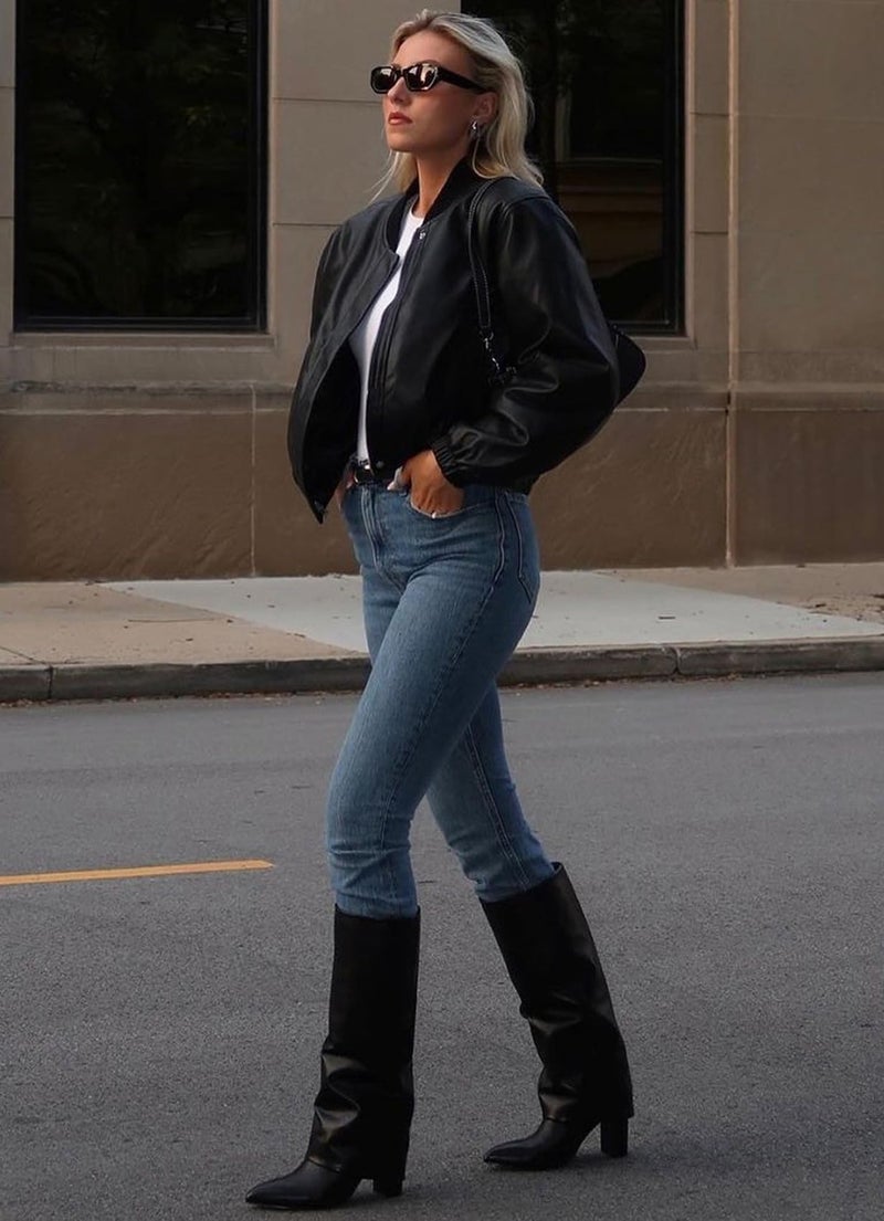 Modatope Black Fold Over Knee High Pointed Chunky Heeled Tall Long Boots for Women Size 7.5 - Image 3