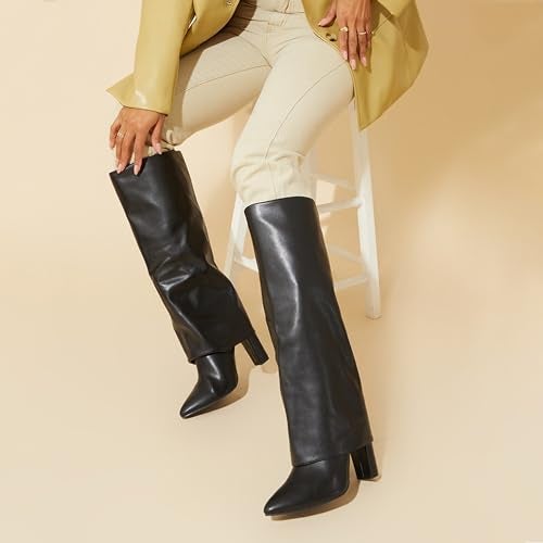Modatope Black Fold Over Knee High Pointed Chunky Heeled Tall Long Boots for Women Size 7.5 - Image 4