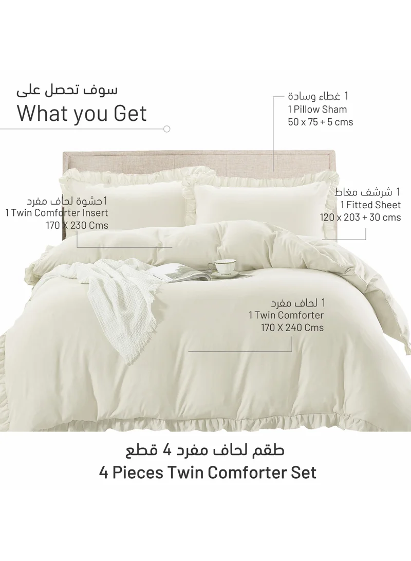 Donetella Comforter Set 4-Pcs Single Size Bed Fits(120 x 200 Cm) Bedding With Ruffled Border And Removable Filler, Ivory