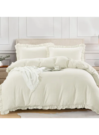 Donetella Comforter Set 4-Pcs Single Size Bed Fits(120 x 200 Cm) Bedding With Ruffled Border And Removable Filler, Ivory