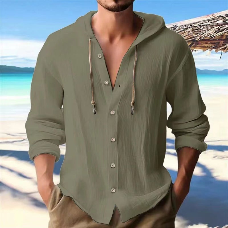 Generic Cross-border Mens Sports Casual Long Sleeve Shirt Cotton Linen Hooded Fashion Sweatshirt Trendy All-match Loose Beach T-shirt Army green 