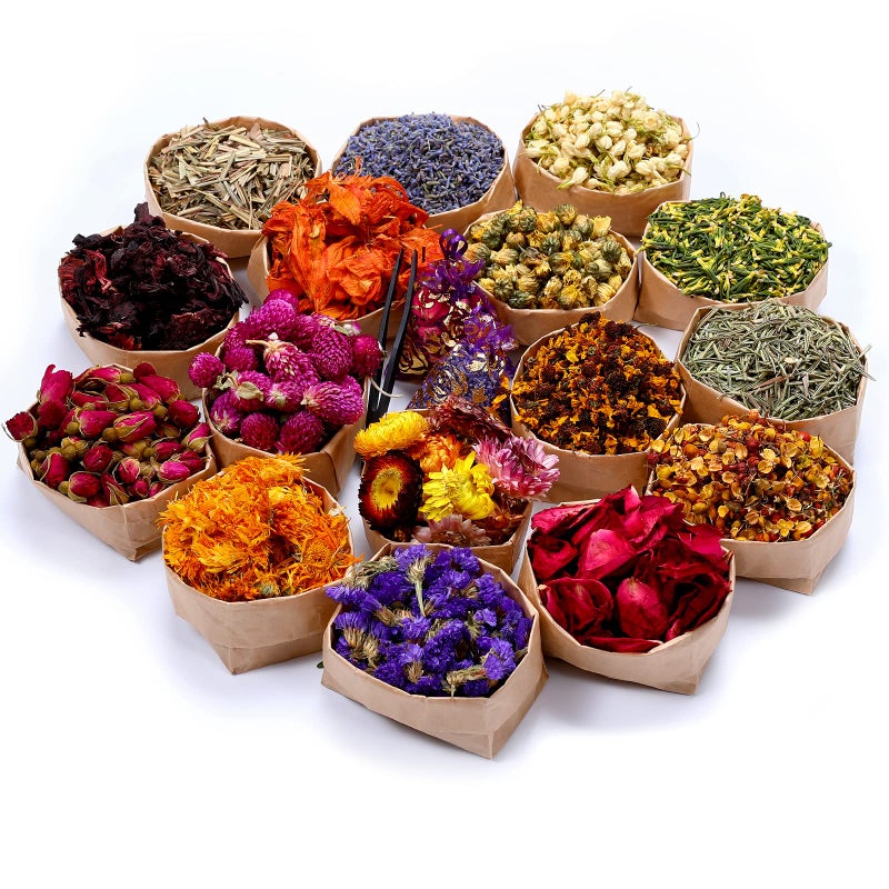 SACATR 16 Bags Dried Flowers100 Natural Dried Flowers Herbs Kit for Soap Making DIY Candle MakingBath  Include Rose PetalsLavenderDont Forget MeLiliumJasmineRosebudsand More 