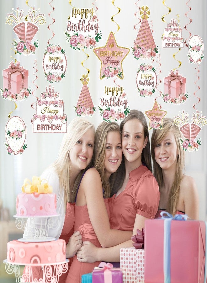 Guiruiy Pink Rose Gold Birthday Decorations Flower Theme Hanging Swirl for Women Girls, Flower Happy Birthday Foil Swirls Party Supplies, 16th 18th 21th 30th 40th 50th 60th Floral Bday Ceiling Hanging - Image 5