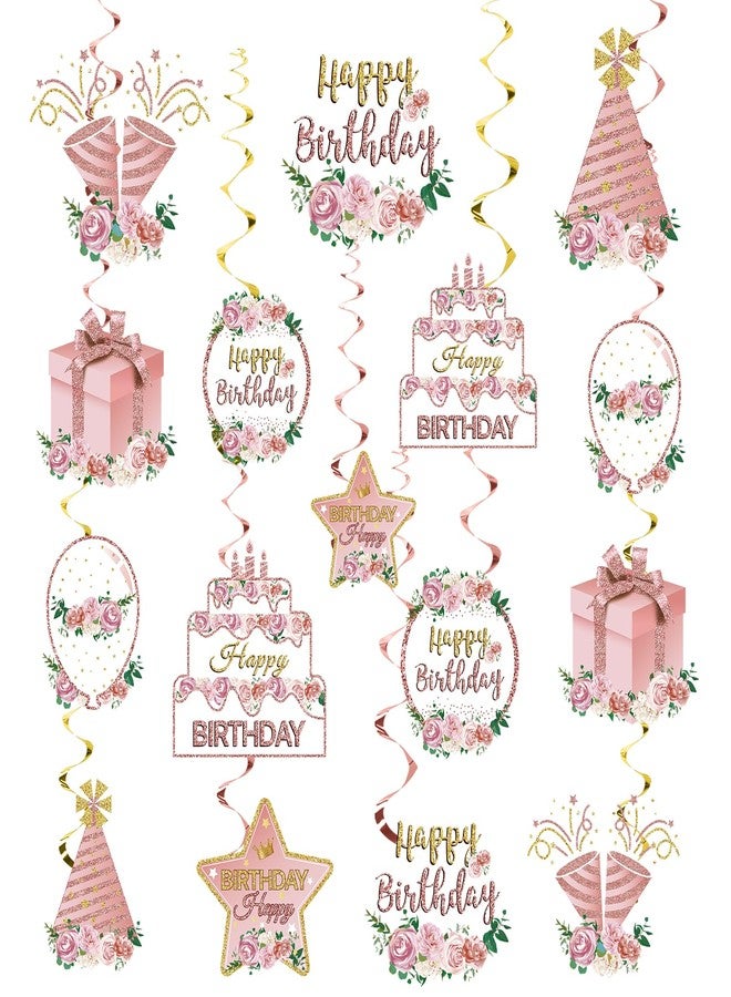 Guiruiy Pink Rose Gold Birthday Decorations Flower Theme Hanging Swirl for Women Girls, Flower Happy Birthday Foil Swirls Party Supplies, 16th 18th 21th 30th 40th 50th 60th Floral Bday Ceiling Hanging - Image 1