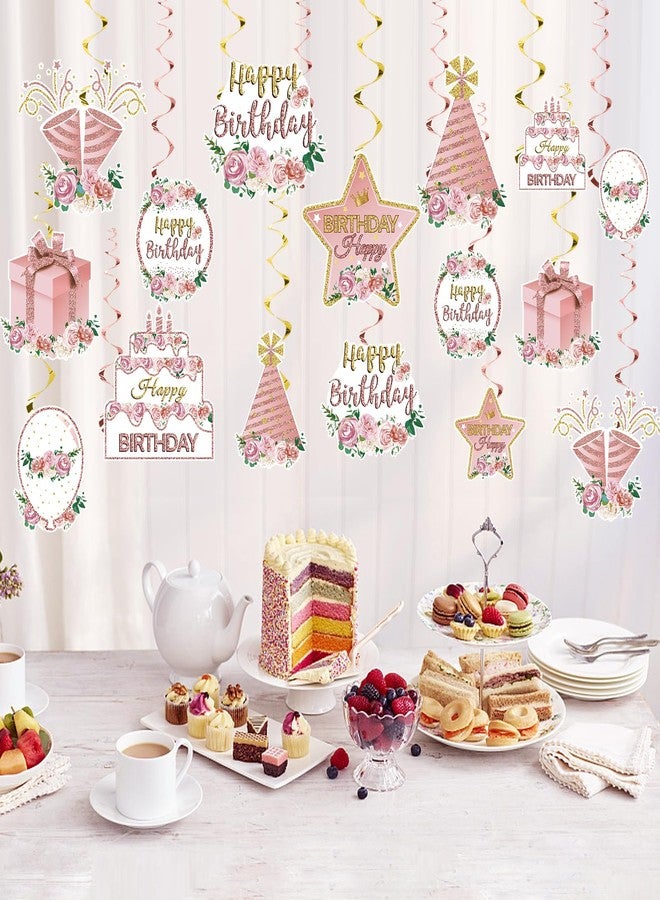 Guiruiy Pink Rose Gold Birthday Decorations Flower Theme Hanging Swirl for Women Girls, Flower Happy Birthday Foil Swirls Party Supplies, 16th 18th 21th 30th 40th 50th 60th Floral Bday Ceiling Hanging - Image 4
