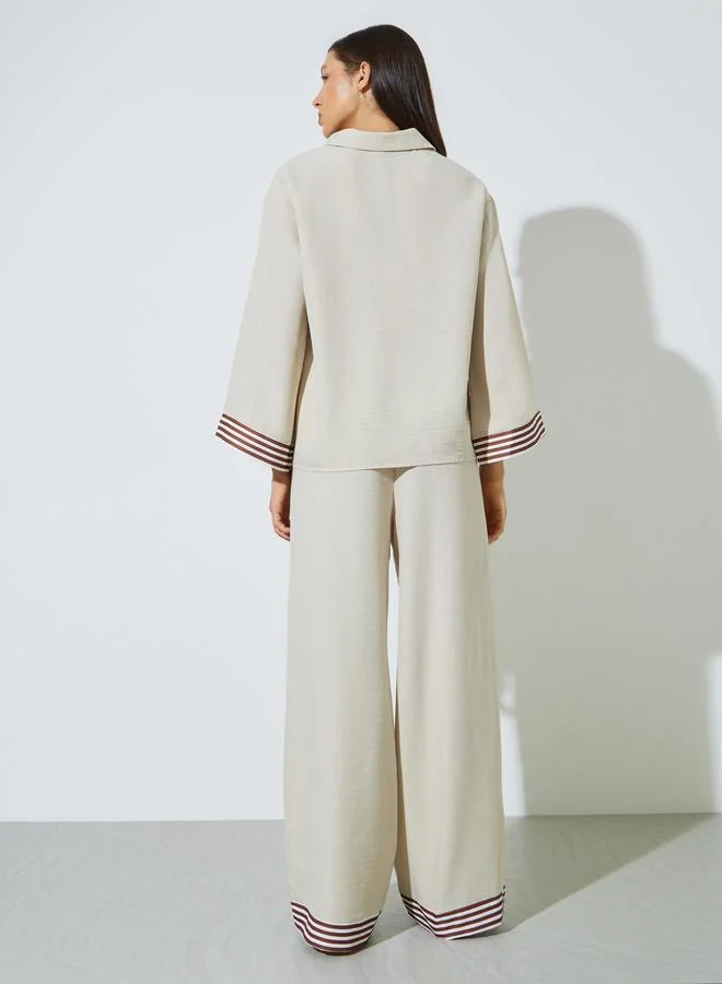 Styli  Beige Cuff Spliced Top and Wide Leg Pants Co-ord Set for Women | Best Price UAE