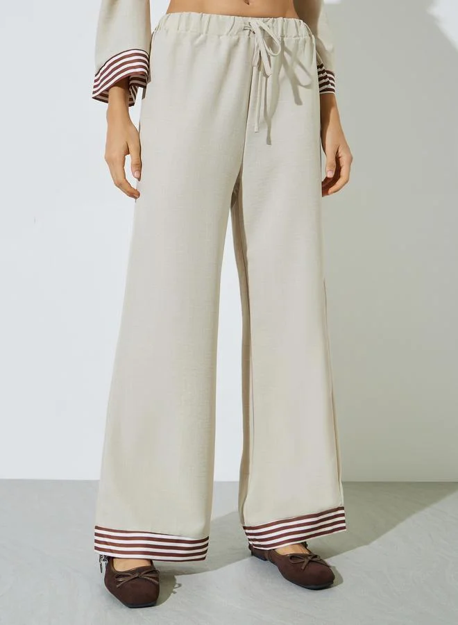 Styli  Beige Cuff Spliced Top and Wide Leg Pants Co-ord Set for Women | Best Price UAE