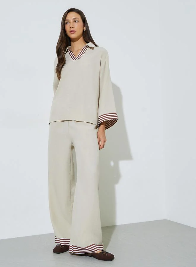 Styli  Beige Cuff Spliced Top and Wide Leg Pants Co-ord Set for Women | Best Price UAE