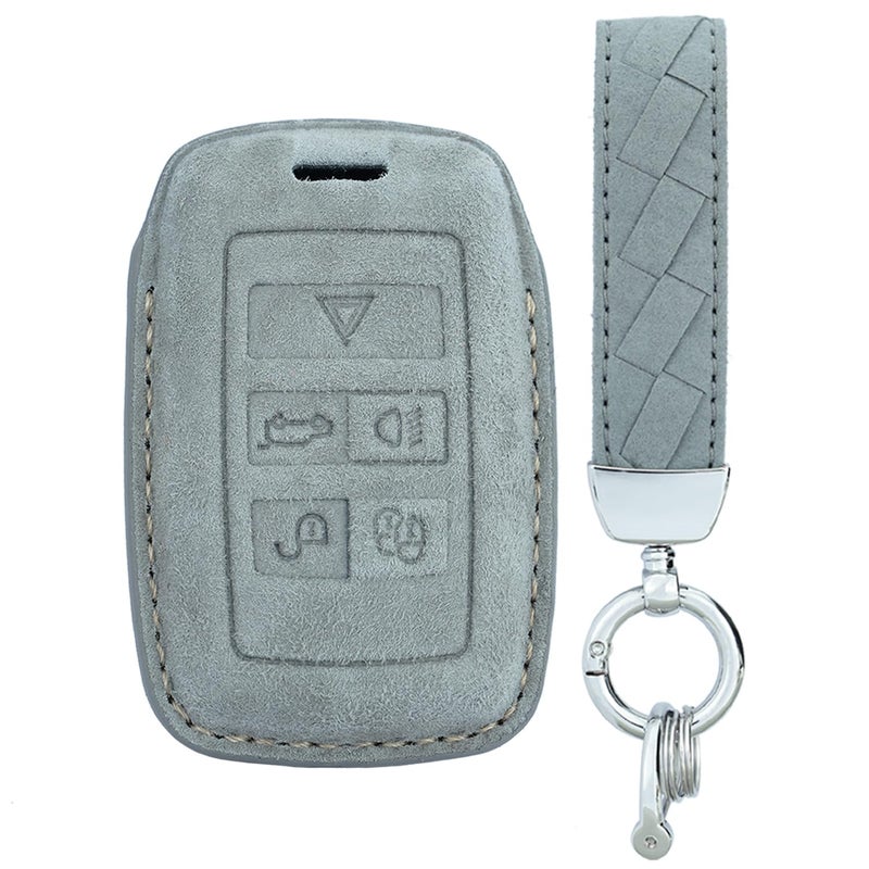 KUNIO Key Fob Cover fit for Land Rover Defender Discovery 5 fit for Range Rover Sport Evoque Velar fit for Jaguar E-Pace Leather Key Cover Keychain Keyring A Light Grey - Image 1