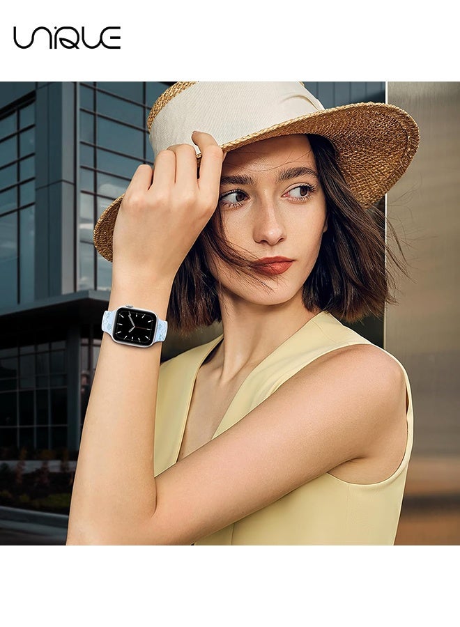 يونيك أشرطة محفورة بنقش زهور - متوافقة مع أحزمة ساعة آبل - 42مم 44مم 45مم 49مم للنساء والرجال - أحزمة ساعة بديلة من السيليكون الناعم لسلسلة iWatch Ultra 9 8 7 6 5 4 3 2 1 SE (42/44/45/46/49مم) - أزرق فاتح/أزرق غامق - Image 5