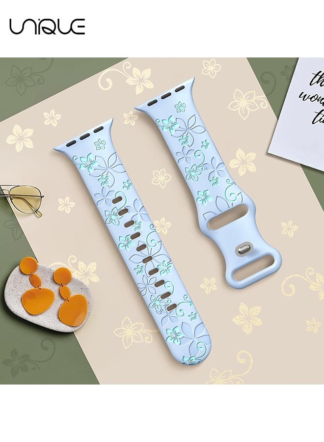 يونيك أشرطة محفورة بنقش زهور - متوافقة مع أحزمة ساعة آبل - 42مم 44مم 45مم 49مم للنساء والرجال - أحزمة ساعة بديلة من السيليكون الناعم لسلسلة iWatch Ultra 9 8 7 6 5 4 3 2 1 SE (42/44/45/46/49مم) - أزرق فاتح/أزرق غامق - Image 3