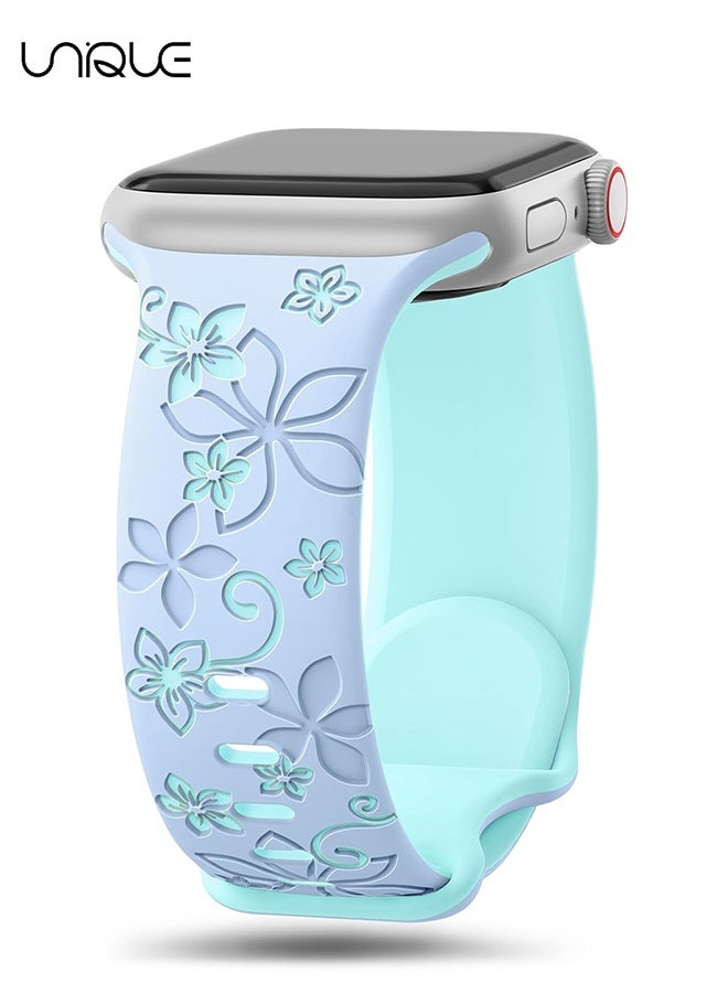 يونيك أشرطة محفورة بنقش زهور - متوافقة مع أحزمة ساعة آبل - 42مم 44مم 45مم 49مم للنساء والرجال - أحزمة ساعة بديلة من السيليكون الناعم لسلسلة iWatch Ultra 9 8 7 6 5 4 3 2 1 SE (42/44/45/46/49مم) - أزرق فاتح/أزرق غامق - Image 1