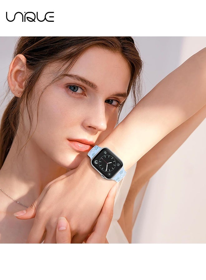 يونيك أشرطة محفورة بنقش زهور - متوافقة مع أحزمة ساعة آبل - 42مم 44مم 45مم 49مم للنساء والرجال - أحزمة ساعة بديلة من السيليكون الناعم لسلسلة iWatch Ultra 9 8 7 6 5 4 3 2 1 SE (42/44/45/46/49مم) - أزرق فاتح/أزرق غامق - Image 4