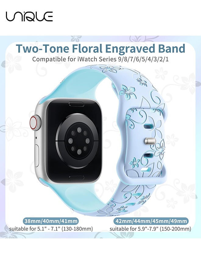 يونيك أشرطة محفورة بنقش زهور - متوافقة مع أحزمة ساعة آبل - 42مم 44مم 45مم 49مم للنساء والرجال - أحزمة ساعة بديلة من السيليكون الناعم لسلسلة iWatch Ultra 9 8 7 6 5 4 3 2 1 SE (42/44/45/46/49مم) - أزرق فاتح/أزرق غامق - Image 2