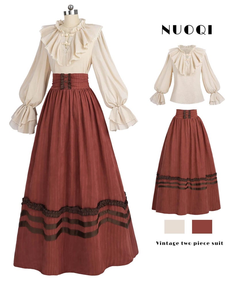 Nuoqi Victorian Dress for Women 1800s Edwardian Costume 2-Piece Renaissance Blouse Skirt Ball Gowns Red M - Image 2