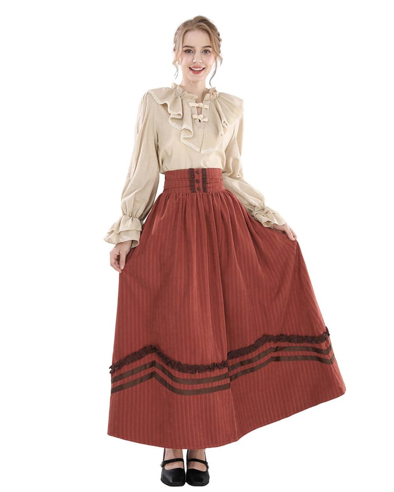 Nuoqi Victorian Dress for Women 1800s Edwardian Costume 2-Piece Renaissance Blouse Skirt Ball Gowns Red M - Image 3