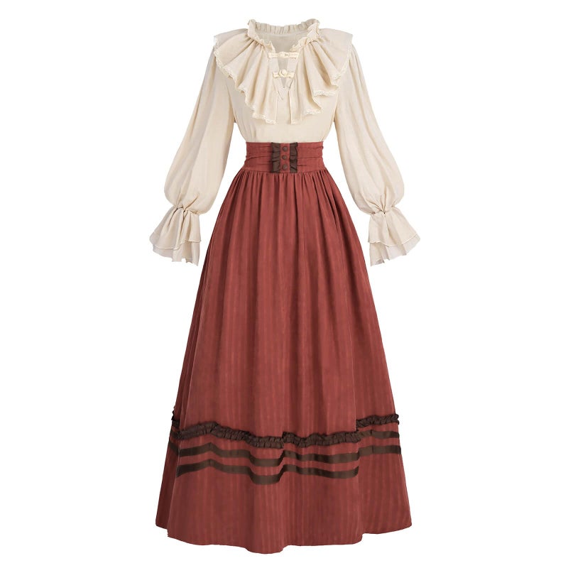 Nuoqi Victorian Dress for Women 1800s Edwardian Costume 2-Piece Renaissance Blouse Skirt Ball Gowns Red M - Image 1