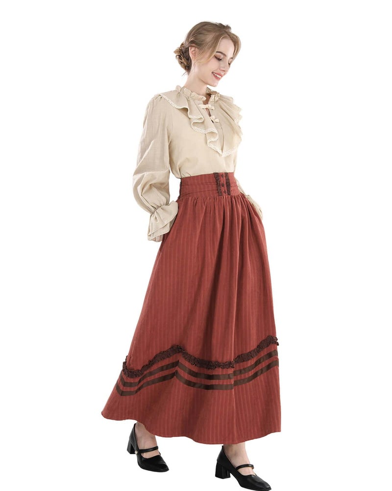 Nuoqi Victorian Dress for Women 1800s Edwardian Costume 2-Piece Renaissance Blouse Skirt Ball Gowns Red M - Image 5