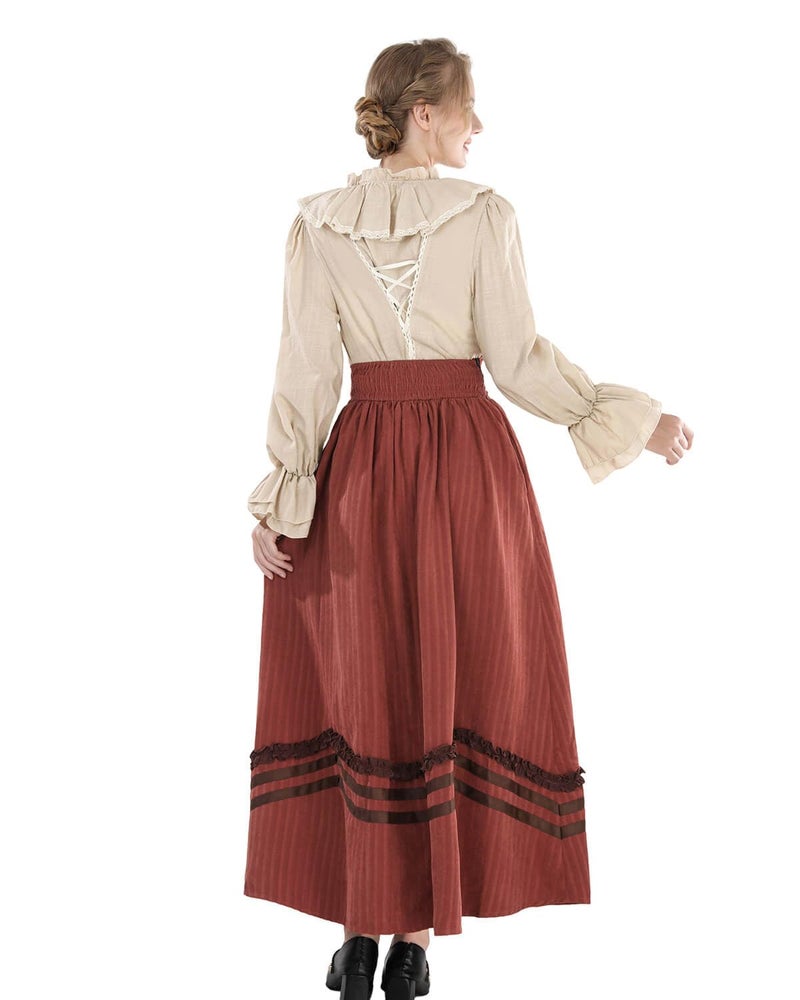 Nuoqi Victorian Dress for Women 1800s Edwardian Costume 2-Piece Renaissance Blouse Skirt Ball Gowns Red M - Image 4