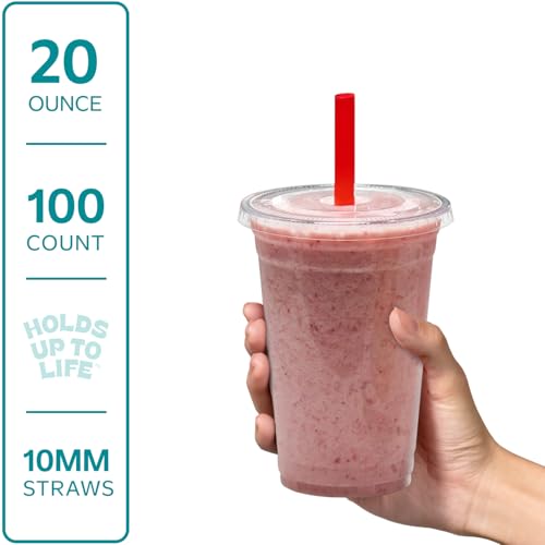GUSTO 20 oz 100 Count Clear Cups with Flat Lids Straws Disposable Clear Drinking Cups for Iced Coffee Cold Drinks Milkshakes and Smoothies Formerly Comfy Package - Image 5
