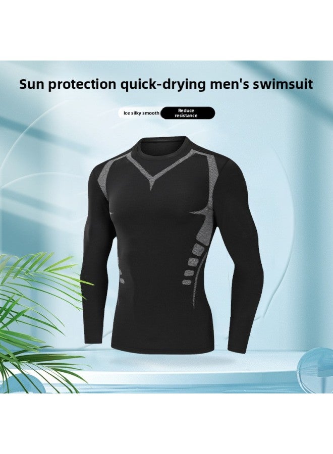 Generic Swimwear Men's Summer Tight Quick-drying Clothes Ice Silk Sports Top Long-sleeved Double-layer Breathable Sunscreen Upper Body Swimsuit-Color:Beach Two-piece Set 【clear Skies】 Long Sleeve-  - Image 2