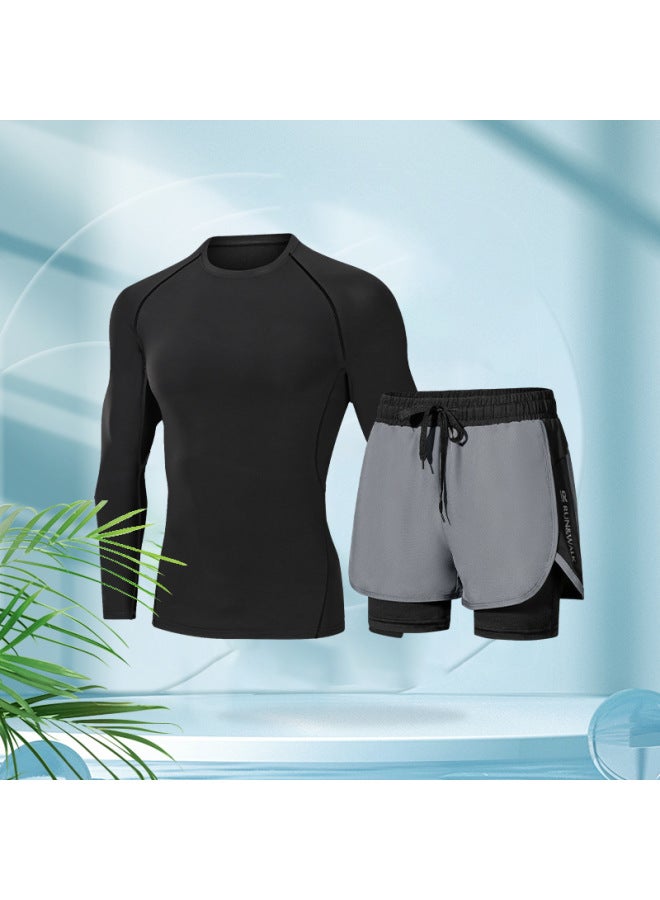 Generic Swimwear Men's Summer Tight Quick-drying Clothes Ice Silk Sports Top Long-sleeved Double-layer Breathable Sunscreen Upper Body Swimsuit-Color:Beach Two-piece Set 【clear Skies】 Long Sleeve-  - Image 1