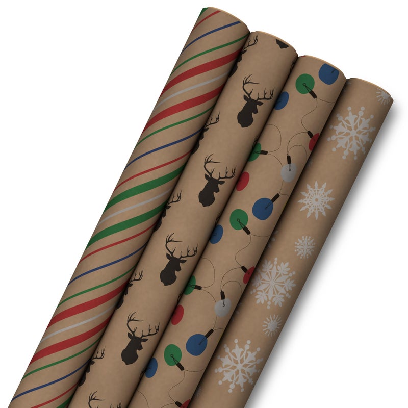 Hallmark Recyclable Christmas Wrapping Paper for Kids with Cut Lines on Reverse 4 Rolls 88 sq ft ttl Kraft Brown with Christmas Lights Deer Snowflakes Red Green Blue Stripes 0005JXW1212