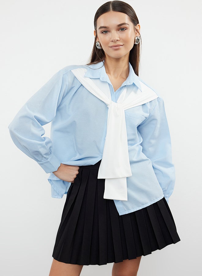 trendyol Blue Front Knitwear Tie Detailed Ovesrzie Wide Fit Woven Shirt TWOAW25GO00021  - Image 2