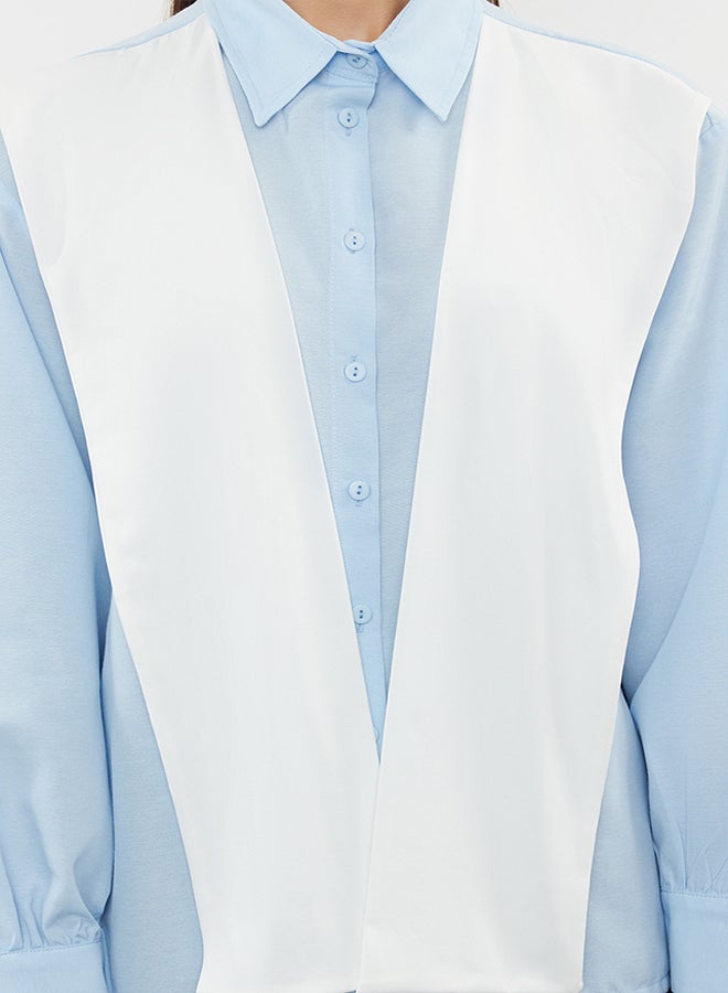 trendyol Blue Front Knitwear Tie Detailed Ovesrzie Wide Fit Woven Shirt TWOAW25GO00021  - Image 3