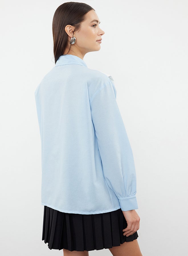 trendyol Blue Front Knitwear Tie Detailed Ovesrzie Wide Fit Woven Shirt TWOAW25GO00021  - Image 5
