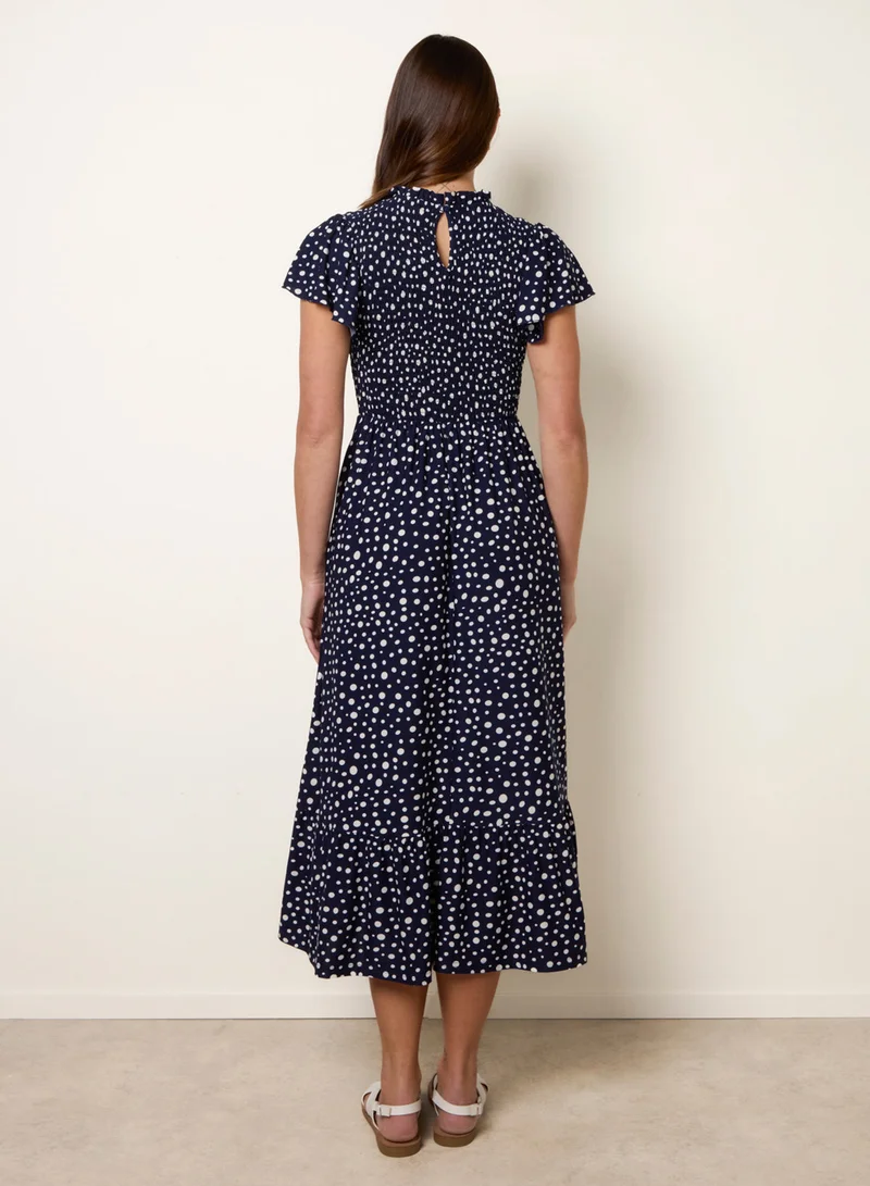 Blue Vanilla Polka Dot Shirred Frill Neck Midi Dress