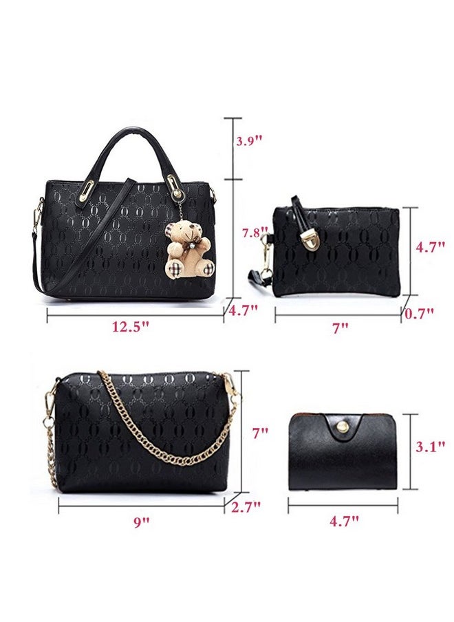 FiveloveTwo - Women 4 Pcs Top Handle Satchel Hobo Handbag Set Large Tote +Purse +Shoulder Bag+Card Holder Black - Image 1