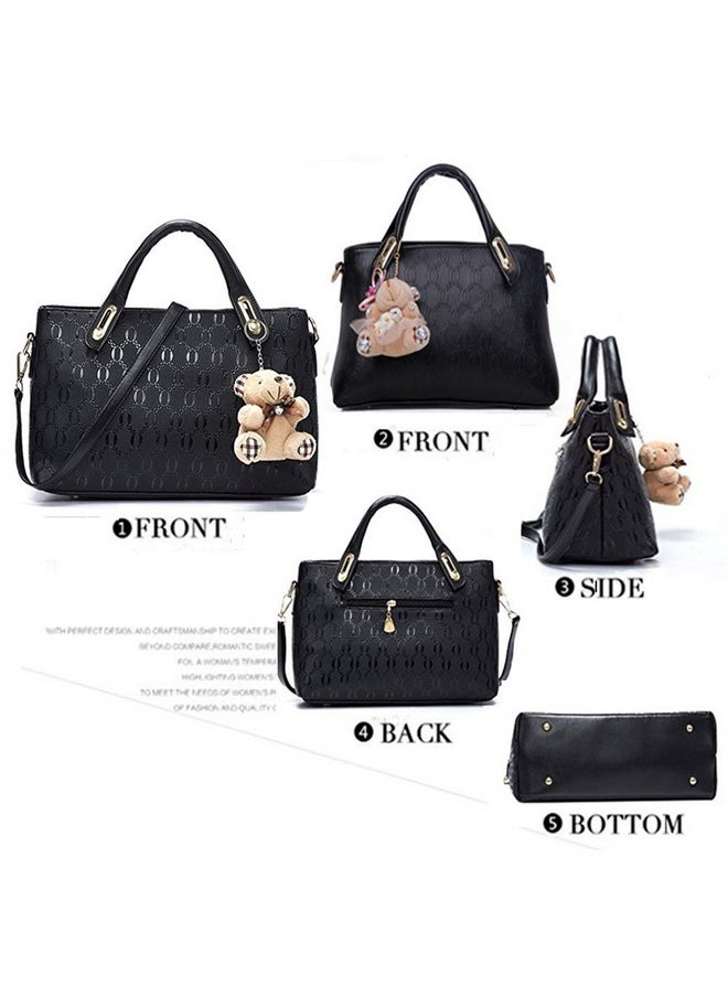 FiveloveTwo - Women 4 Pcs Top Handle Satchel Hobo Handbag Set Large Tote +Purse +Shoulder Bag+Card Holder Black - Image 1