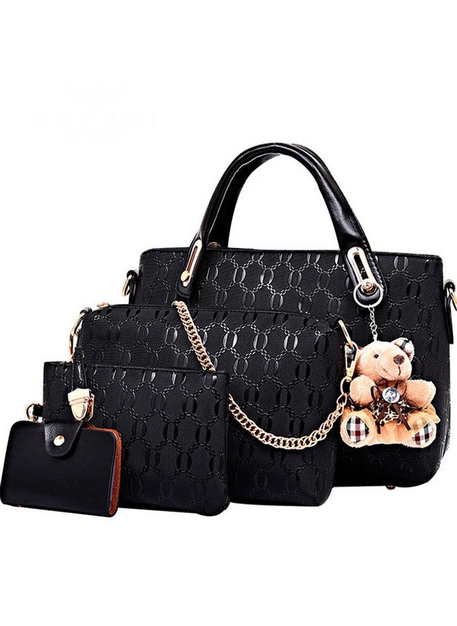 FiveloveTwo - Women 4 Pcs Top Handle Satchel Hobo Handbag Set Large Tote +Purse +Shoulder Bag+Card Holder Black - Image 1