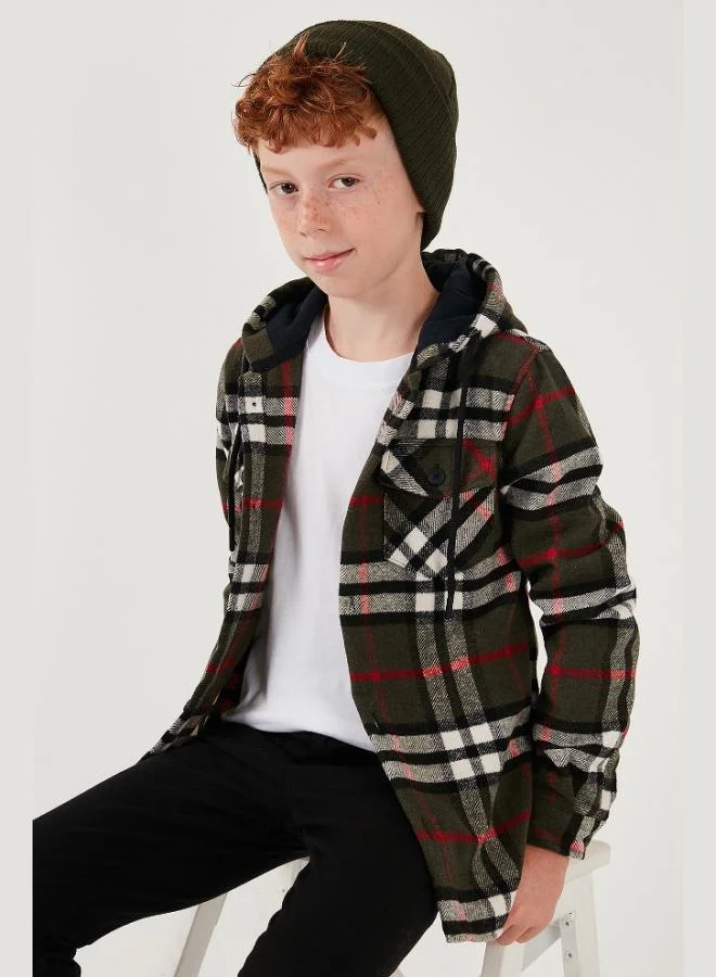 ليلا قميص كاروهات ليلا بغطاء رأس وجيبين مزدوجين للشباب