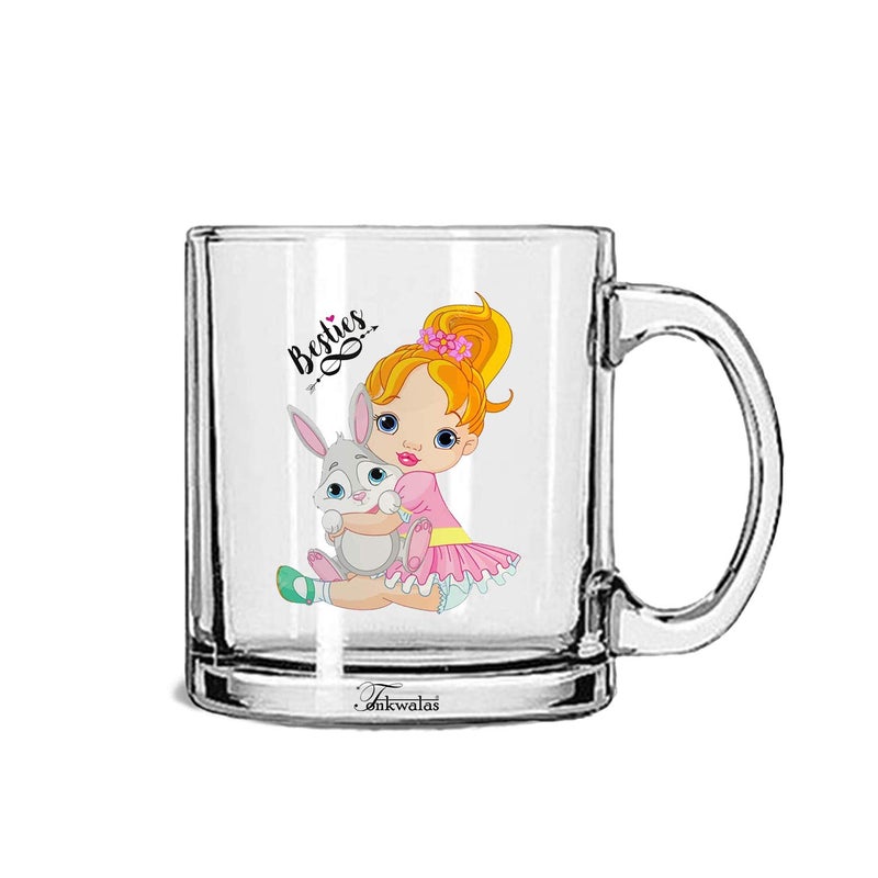 TONKWALAS Cute Girl with Rabbit Cartoon Besties Printed Transparent Glass Coffee and Tea Mug Gift for Best Friend (325 ML) - Image 5