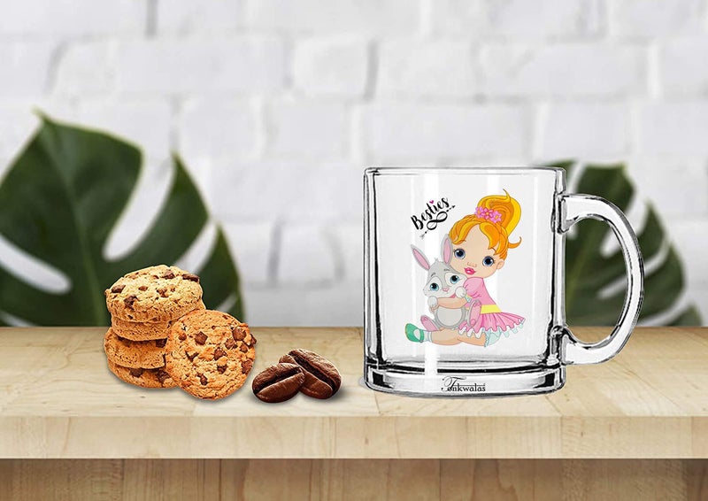 TONKWALAS Cute Girl with Rabbit Cartoon Besties Printed Transparent Glass Coffee and Tea Mug Gift for Best Friend (325 ML) - Image 2