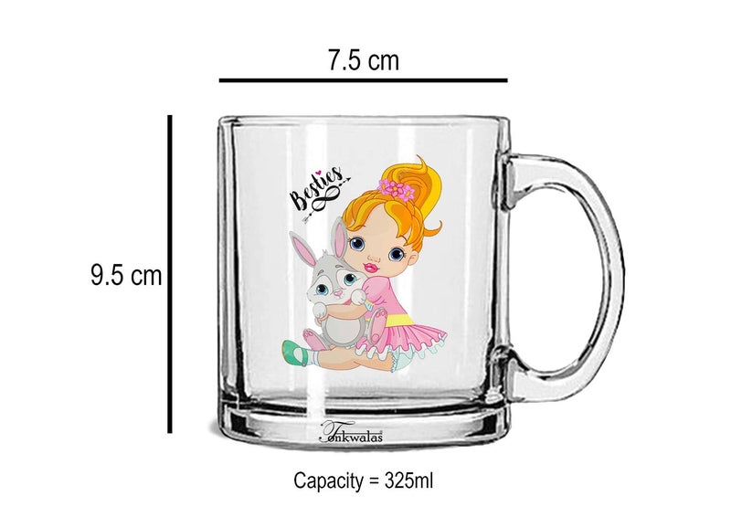 TONKWALAS Cute Girl with Rabbit Cartoon Besties Printed Transparent Glass Coffee and Tea Mug Gift for Best Friend (325 ML) - Image 3