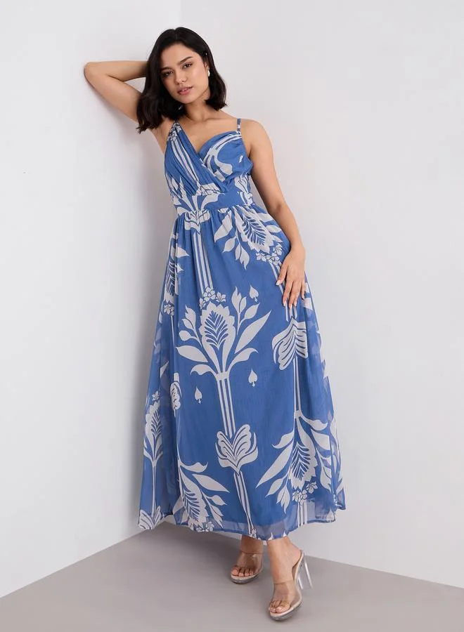 Styli royal blue Styli Blue Floral Print Strappy Maxi Dress for Women | Best Price UAE