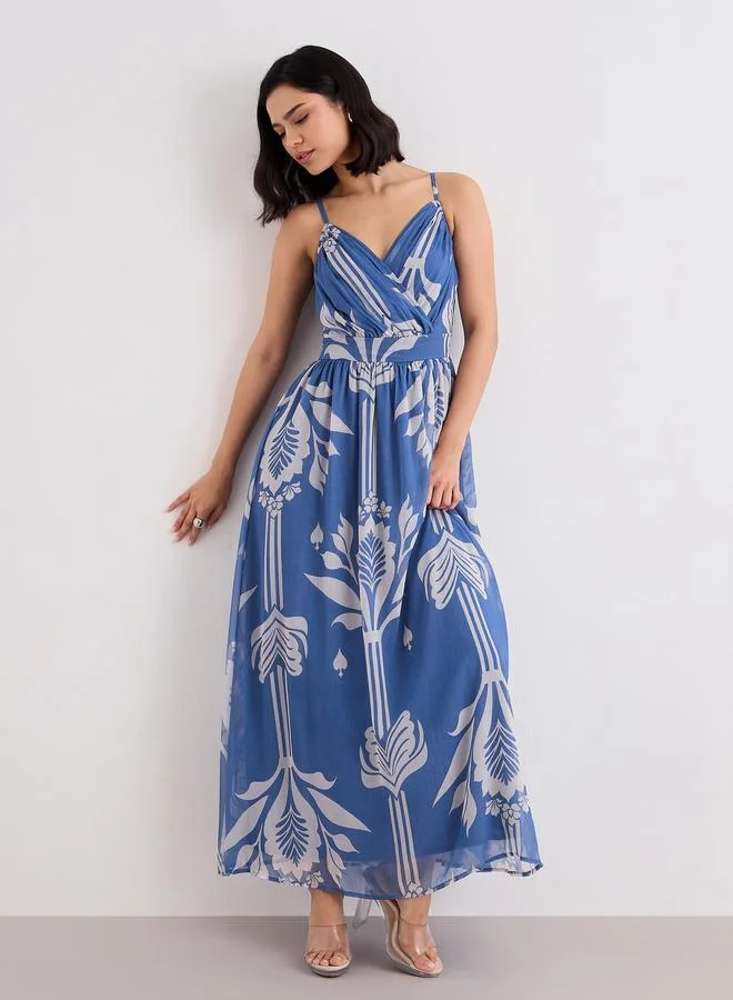 Styli Blue Floral Print Strappy Maxi Dress