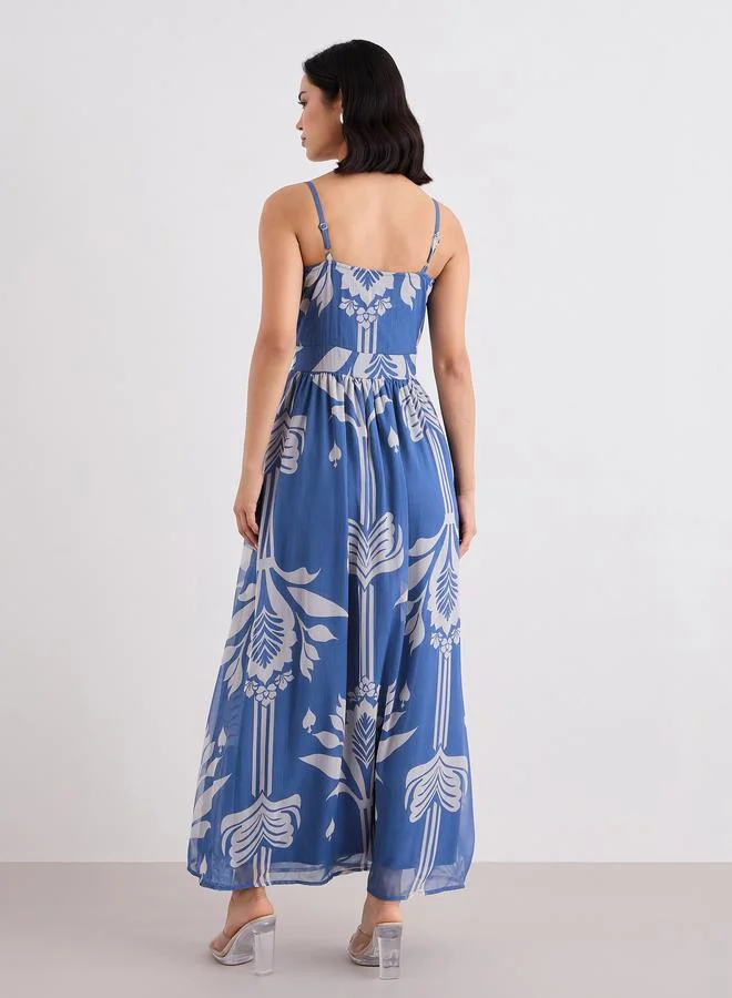 Styli royal blue Styli Blue Floral Print Strappy Maxi Dress for Women | Best Price UAE
