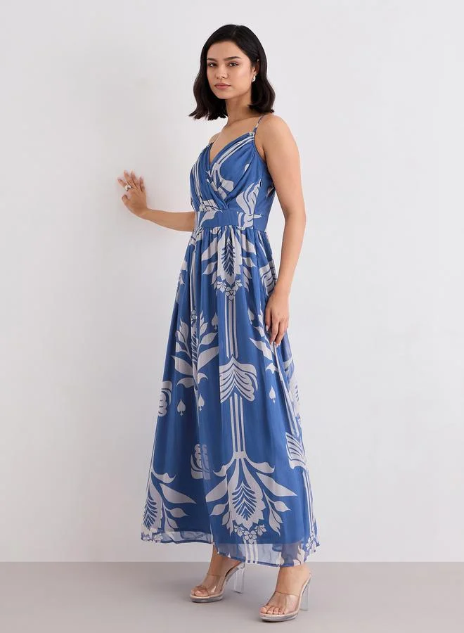 Styli royal blue Styli Blue Floral Print Strappy Maxi Dress for Women | Best Price UAE
