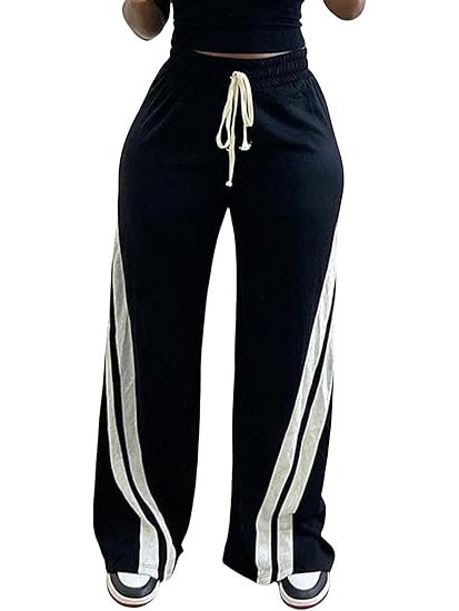 plus size in stock sports style striped elastic waist pants European and American cross-border comfortable loose drawstring casual womens pants Black 