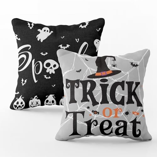 OHOME Halloween Decorations Halloween Pillow Covers 18x18 Halloween Decor Indoor Outdoor Skeleton Ghost Pumpkin Throw Pillows for Room Office Trick or Treat Party Decorations Favors2 PCS - Image 1