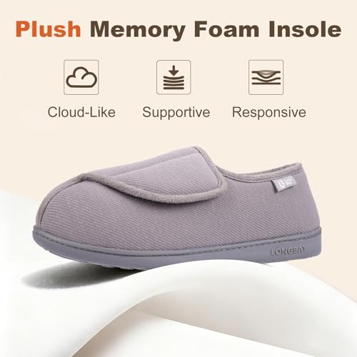 LongBay Womens Adjustable Slippers Memory Foam Cozy Wide Diabetic House Shoes Edema Orthopedic Neuropathy Indoor Outdoor (6 B(M), Gray) - Image 5
