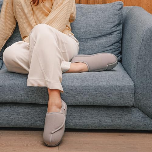 LongBay Womens Adjustable Slippers Memory Foam Cozy Wide Diabetic House Shoes Edema Orthopedic Neuropathy Indoor Outdoor (6 B(M), Gray) - Image 2